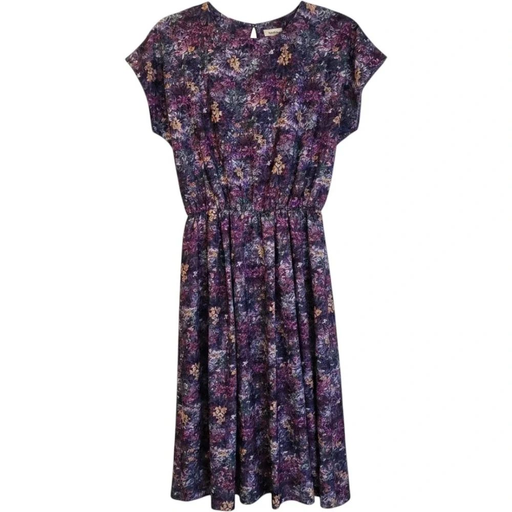 Anthony Richards Vintage Floral Midi Dress Purple Elastic Waist Made in USA 10